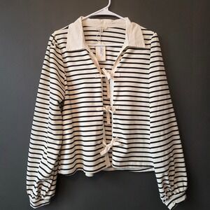 New JODIFL Striped Collar Tie‎ Front Long Sleeve Top Blouse Shirt M